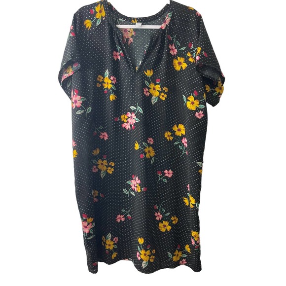 Old Navy Dress Size XL Black Polka Dots Floral Pattern Short Sleeves V Neck - Picture 6 of 7